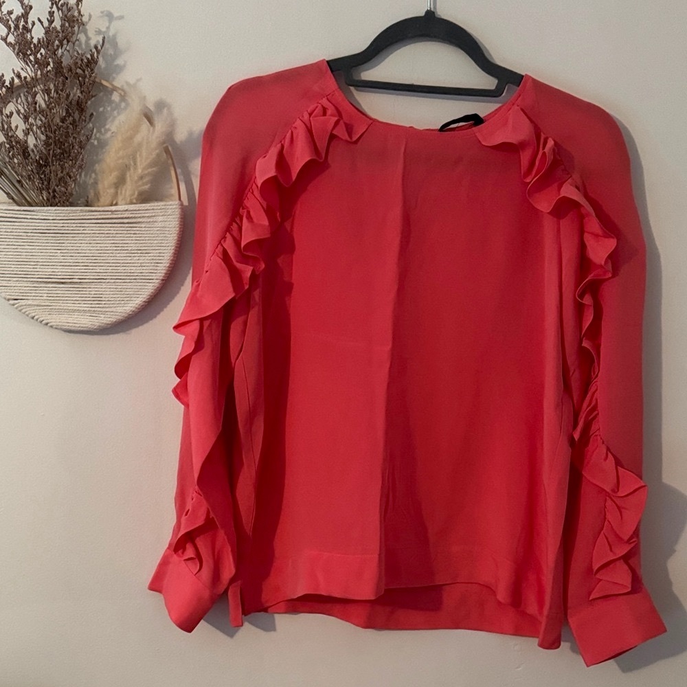 J Crew Ruffled Hot Pink Long Sleeve Blouse Size Small